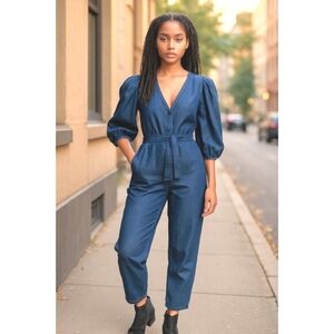 ZARA Women Long Denim Jumpsuit Size M Hippie Pop Preppy Modern 70s 80s Blue